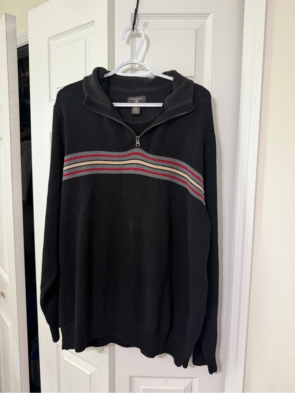 Dockers Black Quarter-Zip Sweater with Red and Gray Stripe